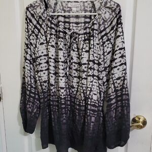 Dress Barn Black & White Ombre Tie-Dye Balloon Sleeves Peasant Top 1X